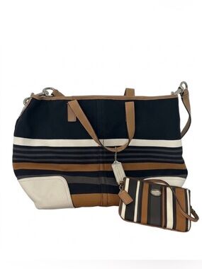 Coach Hadley Multi Stripe Canvas Leather Tote with Matching Pouch Black Brown